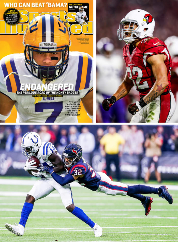 Tyrann Mathieu on the cover of Sports Illustrated while at LSU, then played with the Cardinals and Texans before joining the Chiefs
